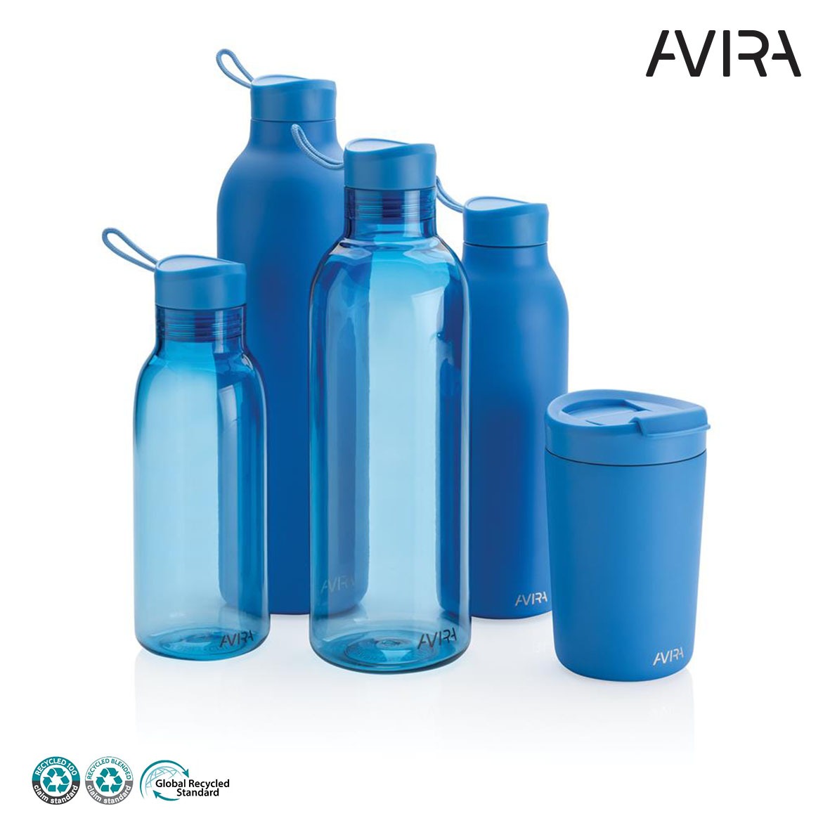 Bouteille d’eau rpet recycle personnalise avira-bleu